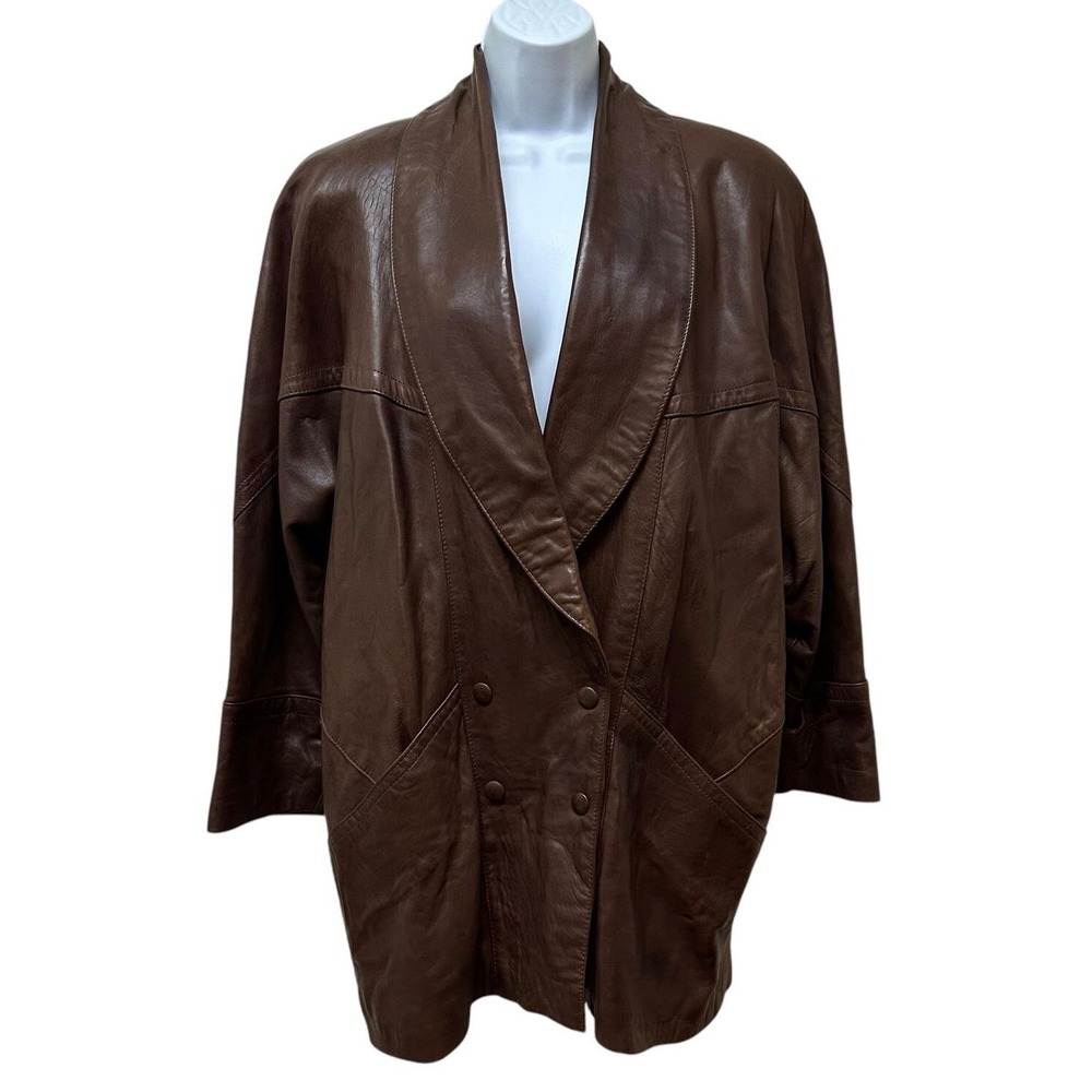 Vtg Butter Soft Brown Leather Double Breasted Jacket Coat Oversized M London